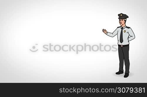 Animated 2D Character Man dressed in a security uniform and cap (Guard, Watchman, Security guard, Caretaker, Sentinel...) standing on the side and says pointing at the center of the composition. Character in full growth. The character is drawn with a smooth outline. White background. Animation looped.