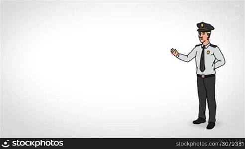 Animated 2D Character Man dressed in a security uniform and cap (Guard, Watchman, Security guard, Caretaker, Sentinel...) standing on the side and says pointing at the center of the composition. Character in full growth. The character is drawn with a smooth outline. White background. Animation looped.