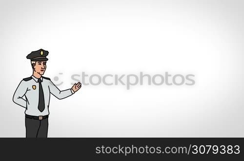 Animated 2D Character Man dressed in a security uniform and cap (Guard, Watchman, Security guard, Caretaker, Sentinel...) standing on the side and says pointing at the center of the composition. The average plan of the character. The character is drawn with a smooth outline. White background. Animation looped.