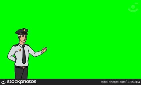 Animated 2D Character Man dressed in a security uniform and cap (Guard, Watchman, Security guard, Caretaker, Sentinel...) standing on the side and says pointing at the center of the composition. The average plan of the character. The character is drawn with a smooth outline. Green screen - Chroma key. Animation looped.