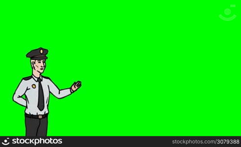 Animated 2D Character Man dressed in a security uniform and cap (Guard, Watchman, Security guard, Caretaker, Sentinel...) standing on the side and says pointing at the center of the composition. The average plan of the character. The character is drawn with a curved animated outline. Green screen - Chroma key. Animation looped.