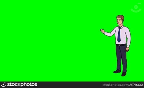 Animated 2D Character Man dressed in a shirt and tie (Boss, Manager, Salesperson, Secretary, Presenter...) standing on the side and says pointing at the center of the composition. Character in full growth. The character is drawn with a smooth outline. Green screen - Chroma key. Animation looped.