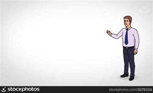 Animated 2D Character Man dressed in a shirt and tie (Boss, Manager, Salesperson, Secretary, Presenter...) standing on the side and says pointing at the center of the composition. Character in full growth. The character is drawn with a smooth outline. White background. Animation looped.