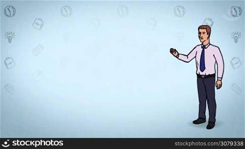 Animated 2D Character Man dressed in a shirt and tie (Boss, Manager, Salesperson, Secretary, Presenter...) standing on the side and says pointing at the center of the composition. Character in full growth. The character is drawn with a curved animated outline. Blue background. Animation looped.