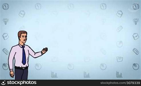 Animated 2D Character Man dressed in a shirt and tie (Boss, Manager, Salesperson, Secretary, Presenter...) standing on the side and says pointing at the center of the composition. The average plan of the character. The character is drawn with a curved animated outline. Blue background. Animation looped.