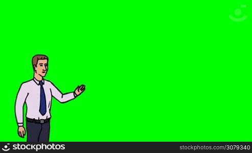Animated 2D Character Man dressed in a shirt and tie (Boss, Manager, Salesperson, Secretary, Presenter...) standing on the side and says pointing at the center of the composition. The average plan of the character. The character is drawn with a curved animated outline. Green screen - Chroma key. Animation looped.