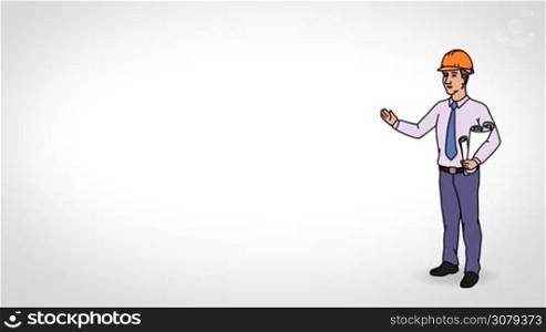 Animated 2D Character Man dressed in a shirt with a tie and helmet (Engineer, Builder, Architect, Constructor, Foreman, ...) standing on the side and says pointing at the center of the composition. Character in full growth. The character is drawn with a smooth outline. White background. Animation looped.