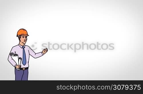 Animated 2D Character Man dressed in a shirt with a tie and helmet (Engineer, Builder, Architect, Constructor, Foreman, ...) standing on the side and says pointing at the center of the composition. The average plan of the character. The character is drawn with a smooth outline. White background. Animation looped.