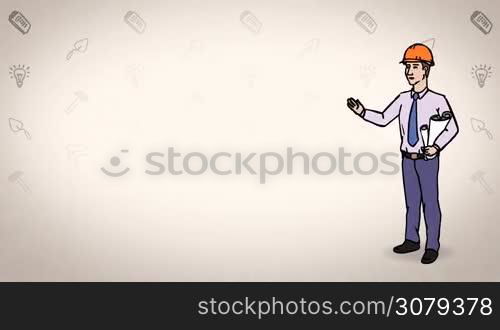 Animated 2D Character Man dressed in a shirt with a tie and helmet (Engineer, Builder, Architect, Constructor, Foreman, ...) standing on the side and says pointing at the center of the composition. Character in full growth. The character is drawn with a curved animated outline. Orange background. Animation looped.