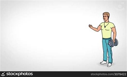 Animated 2D Character Man dressed in a t-shirt, sports pants and sneakers (Athlete, Sportsman, Coach, Trainer...) standing on the side and says pointing at the center of the composition. Character in full growth. The character is drawn with a smooth outline. White background. Animation looped.