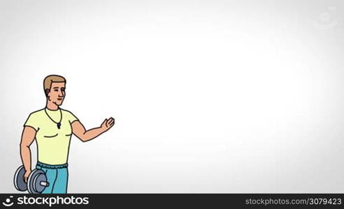 Animated 2D Character Man dressed in a t-shirt, sports pants and sneakers (Athlete, Sportsman, Coach, Trainer...) standing on the side and says pointing at the center of the composition. The average plan of the character. The character is drawn with a smooth outline. White background. Animation looped.