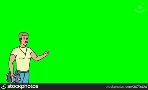 Animated 2D Character Man dressed in a t-shirt, sports pants and sneakers (Athlete, Sportsman, Coach, Trainer...) standing on the side and says pointing at the center of the composition. The average plan of the character. The character is drawn with a smooth outline. Green screen - Chroma key. Animation looped.