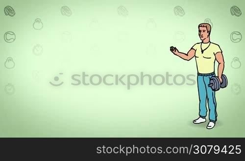 Animated 2D Character Man dressed in a t-shirt, sports pants and sneakers (Athlete, Sportsman, Coach, Trainer...) standing on the side and says pointing at the center of the composition. Character in full growth. The character is drawn with a curved animated outline. Green background. Animation looped.