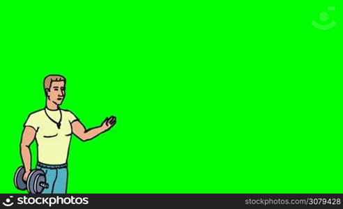 Animated 2D Character Man dressed in a t-shirt, sports pants and sneakers (Athlete, Sportsman, Coach, Trainer...) standing on the side and says pointing at the center of the composition. The average plan of the character. The character is drawn with a curved animated outline. Green screen - Chroma key. Animation looped.