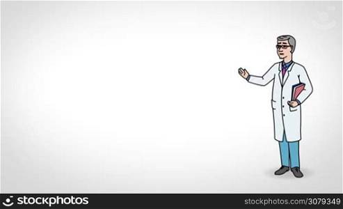 Animated 2D Character Man dressed in a white medical gown (Doctor, Medic, Dentist, Physician, Therapist, Pharmacist, Scientist, Researcher...) standing on the side and says pointing at the center of the composition. Character in full growth. The character is drawn with a smooth outline. White background. Animation looped.