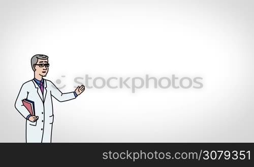 Animated 2D Character Man dressed in a white medical gown (Doctor, Medic, Dentist, Physician, Therapist, Pharmacist, Scientist, Researcher...) standing on the side and says pointing at the center of the composition. The average plan of the character. The character is drawn with a smooth outline. White background. Animation looped.