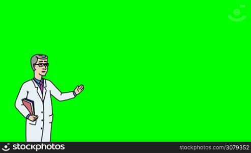 Animated 2D Character Man dressed in a white medical gown (Doctor, Medic, Dentist, Physician, Therapist, Pharmacist, Scientist, Researcher...) standing on the side and says pointing at the center of the composition. The average plan of the character. The character is drawn with a smooth outline. Green screen - Chroma key. Animation looped.