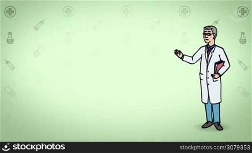 Animated 2D Character Man dressed in a white medical gown (Doctor, Medic, Dentist, Physician, Therapist, Pharmacist, Scientist, Researcher...) standing on the side and says pointing at the center of the composition. Character in full growth. The character is drawn with a curved animated outline. Green background. Animation looped.