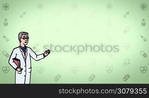 Animated 2D Character Man dressed in a white medical gown (Doctor, Medic, Dentist, Physician, Therapist, Pharmacist, Scientist, Researcher...) standing on the side and says pointing at the center of the composition. The average plan of the character. The character is drawn with a curved animated outline. Green background. Animation looped.