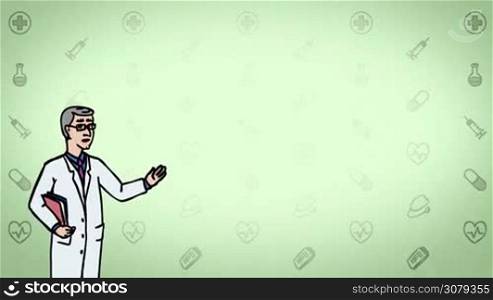 Animated 2D Character Man dressed in a white medical gown (Doctor, Medic, Dentist, Physician, Therapist, Pharmacist, Scientist, Researcher...) standing on the side and says pointing at the center of the composition. The average plan of the character. The character is drawn with a curved animated outline. Green background. Animation looped.