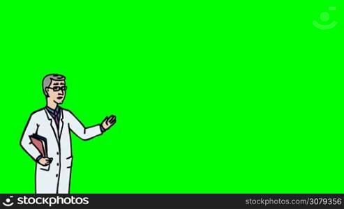 Animated 2D Character Man dressed in a white medical gown (Doctor, Medic, Dentist, Physician, Therapist, Pharmacist, Scientist, Researcher...) standing on the side and says pointing at the center of the composition. The average plan of the character. The character is drawn with a curved animated outline. Green screen - Chroma key. Animation looped.