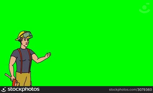 Animated 2D Character Man dressed in overalls and a protective helmet (Fireman, Firefighter, Rescuer, Emergency...) standing on the side and says pointing at the center of the composition. The average plan of the character. The character is drawn with a smooth outline. Green screen - Chroma key. Animation looped.