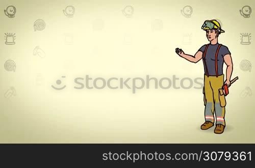 Animated 2D Character Man dressed in overalls and a protective helmet (Fireman, Firefighter, Rescuer, Emergency...) standing on the side and says pointing at the center of the composition. Character in full growth. The character is drawn with a curved animated outline. Yellow background. Animation looped.