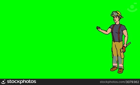 Animated 2D Character Man dressed in overalls and a protective helmet (Fireman, Firefighter, Rescuer, Emergency...) standing on the side and says pointing at the center of the composition. Character in full growth. The character is drawn with a curved animated outline. Green screen - Chroma key. Animation looped.