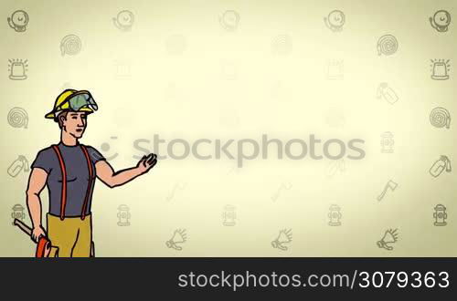 Animated 2D Character Man dressed in overalls and a protective helmet (Fireman, Firefighter, Rescuer, Emergency...) standing on the side and says pointing at the center of the composition. The average plan of the character. The character is drawn with a curved animated outline. Yellow background. Animation looped.