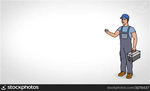 Animated 2D Character Man dressed in overalls with a toolbox (Worker, plumber, mechanic, technician...) standing on the side and says pointing at the center of the composition. Character in full growth. The character is drawn with a smooth outline. White background. Animation looped.