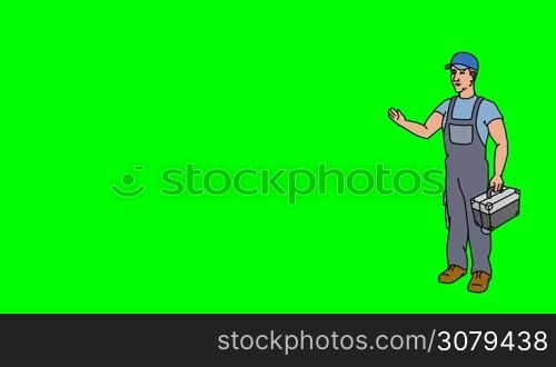 Animated 2D Character Man dressed in overalls with a toolbox (Worker, plumber, mechanic, technician...) standing on the side and says pointing at the center of the composition. Character in full growth. The character is drawn with a smooth outline. Green screen - Chroma key. Animation looped.