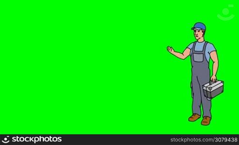 Animated 2D Character Man dressed in overalls with a toolbox (Worker, plumber, mechanic, technician...) standing on the side and says pointing at the center of the composition. Character in full growth. The character is drawn with a smooth outline. Green screen - Chroma key. Animation looped.