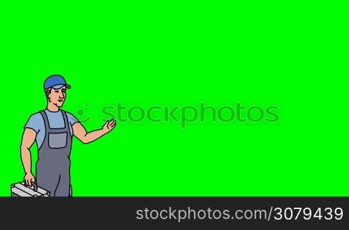 Animated 2D Character Man dressed in overalls with a toolbox (Worker, plumber, mechanic, technician...) standing on the side and says pointing at the center of the composition. The average plan of the character. The character is drawn with a smooth outline. Green screen - Chroma key. Animation looped.