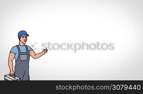Animated 2D Character Man dressed in overalls with a toolbox (Worker, plumber, mechanic, technician...) standing on the side and says pointing at the center of the composition. The average plan of the character. The character is drawn with a smooth outline. White background. Animation looped.