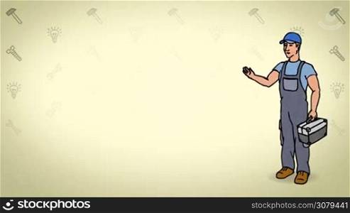 Animated 2D Character Man dressed in overalls with a toolbox (Worker, plumber, mechanic, technician...) standing on the side and says pointing at the center of the composition. Character in full growth. The character is drawn with a curved animated outline. Yellow background. Animation looped.