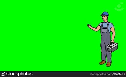 Animated 2D Character Man dressed in overalls with a toolbox (Worker, plumber, mechanic, technician...) standing on the side and says pointing at the center of the composition. Character in full growth. The character is drawn with a curved animated outline. Green screen - Chroma key. Animation looped.