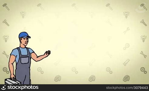 Animated 2D Character Man dressed in overalls with a toolbox (Worker, plumber, mechanic, technician...) standing on the side and says pointing at the center of the composition. The average plan of the character. The character is drawn with a curved animated outline. Yellow background. Animation looped.