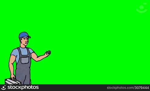 Animated 2D Character Man dressed in overalls with a toolbox (Worker, plumber, mechanic, technician...) standing on the side and says pointing at the center of the composition. The average plan of the character. The character is drawn with a curved animated outline. Green screen - Chroma key. Animation looped.