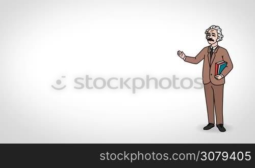 Animated 2D Character Old man dressed in a jacket (Professor, Teacher, Lecturer, Scientist...) standing on the side and says pointing at the center of the composition. Character in full growth. The character is drawn with a smooth outline. White background. Animation looped.