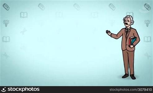 Animated 2D Character Old man dressed in a jacket (Professor, Teacher, Lecturer, Scientist...) standing on the side and says pointing at the center of the composition. Character in full growth. The character is drawn with a curved animated outline. Turquoise background. Animation looped.