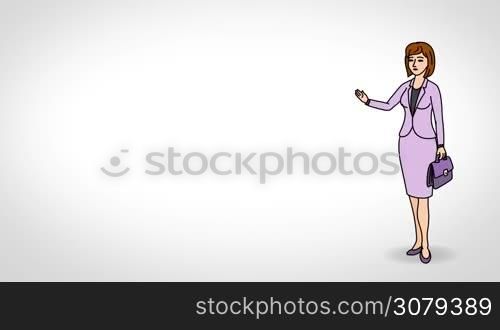 Animated 2D Character Woman dressed in a coat and skirt (Office worker, Secretary, supervisor, headmistress, Teacher...) standing on the side and says pointing at the center of the composition. Character in full growth. The character is drawn with a smooth outline. White background. Animation looped.