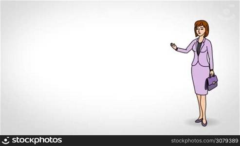 Animated 2D Character Woman dressed in a coat and skirt (Office worker, Secretary, supervisor, headmistress, Teacher...) standing on the side and says pointing at the center of the composition. Character in full growth. The character is drawn with a smooth outline. White background. Animation looped.