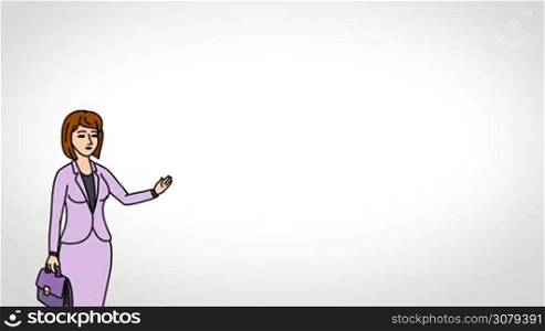 Animated 2D Character Woman dressed in a coat and skirt (Office worker, Secretary, supervisor, headmistress, Teacher...) standing on the side and says pointing at the center of the composition. The average plan of the character. The character is drawn with a smooth outline. White background. Animation looped.