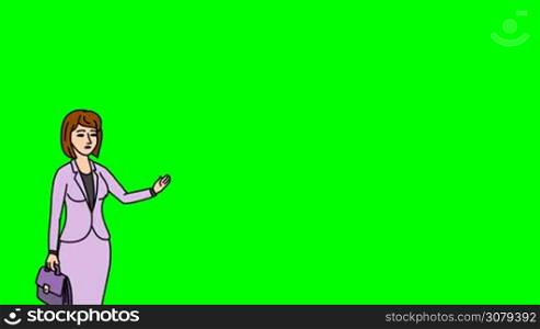 Animated 2D Character Woman dressed in a coat and skirt (Office worker, Secretary, supervisor, headmistress, Teacher...) standing on the side and says pointing at the center of the composition. The average plan of the character. The character is drawn with a smooth outline. Green screen - Chroma key. Animation looped.
