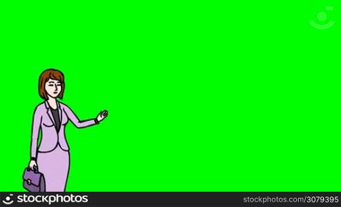 Animated 2D Character Woman dressed in a coat and skirt (Office worker, Secretary, supervisor, headmistress, Teacher...) standing on the side and says pointing at the center of the composition. The average plan of the character. The character is drawn with a curved animated outline. Green screen - Chroma key. Animation looped.