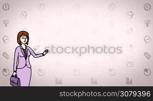 Animated 2D Character Woman dressed in a coat and skirt (Office worker, Secretary, supervisor, headmistress, Teacher...) standing on the side and says pointing at the center of the composition. The average plan of the character. The character is drawn with a curved animated outline. Pink background. Animation looped.