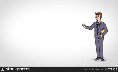 Animated 2D Character Young man dressed in a suit (Student, Learner, Pupil...) standing on the side and says pointing at the center of the composition. Character in full growth. The character is drawn with a smooth outline. White background. Animation looped.