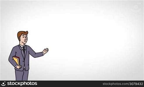 Animated 2D Character Young man dressed in a suit (Student, Learner, Pupil,...) standing on the side and says pointing at the center of the composition. The average plan of the character. The character is drawn with a smooth outline. White background. Animation looped.