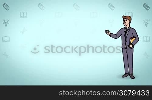 Animated 2D Character Young man dressed in a suit (Student, Learner, Pupil,...) standing on the side and says pointing at the center of the composition. Character in full growth. The character is drawn with a curved animated outline. Azure background. Animation looped.