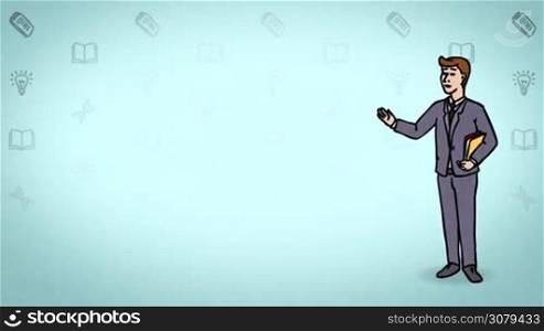 Animated 2D Character Young man dressed in a suit (Student, Learner, Pupil,...) standing on the side and says pointing at the center of the composition. Character in full growth. The character is drawn with a curved animated outline. Azure background. Animation looped.